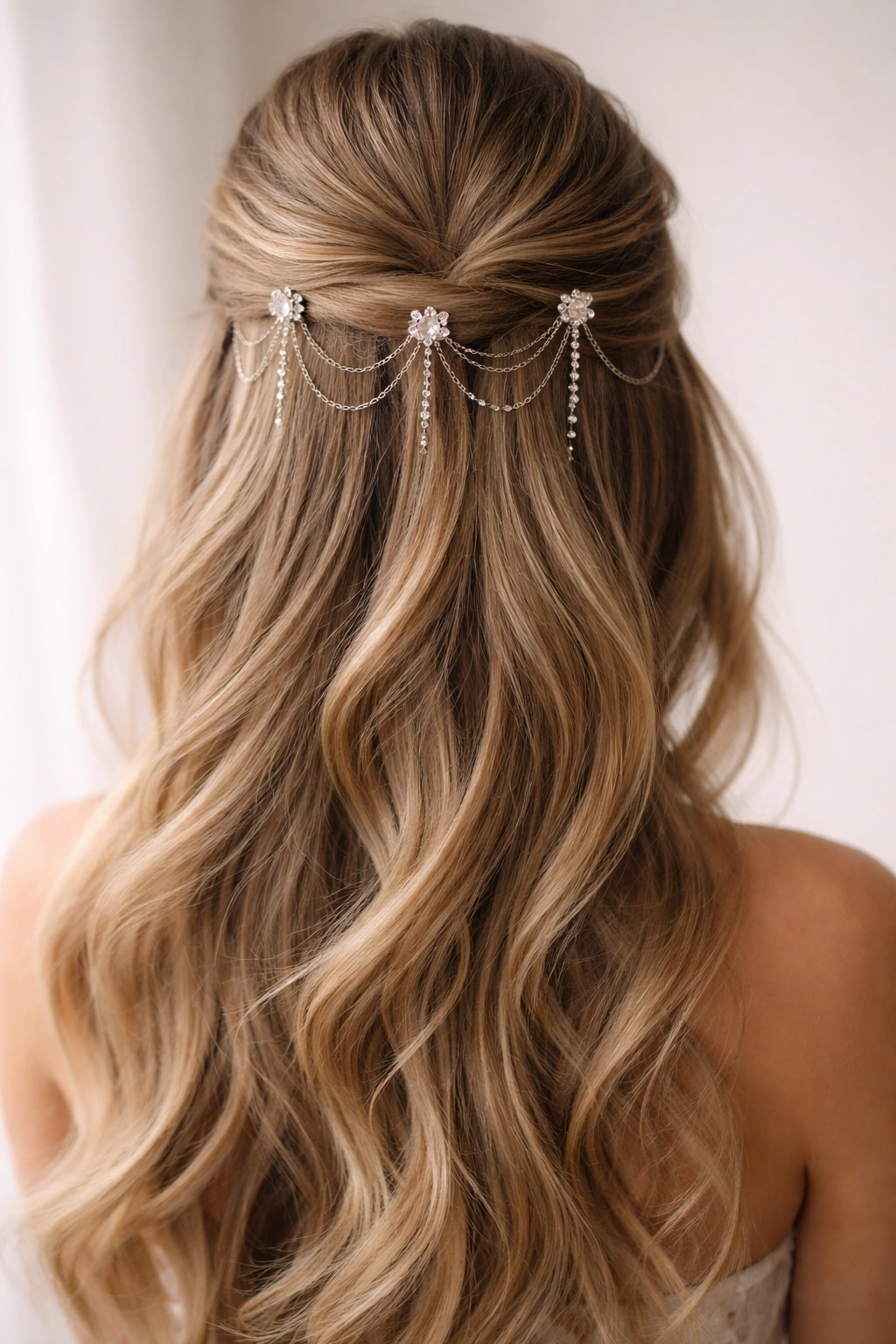 Close-up of a half-up hairstyle with delicate jeweled chains connecting small gems