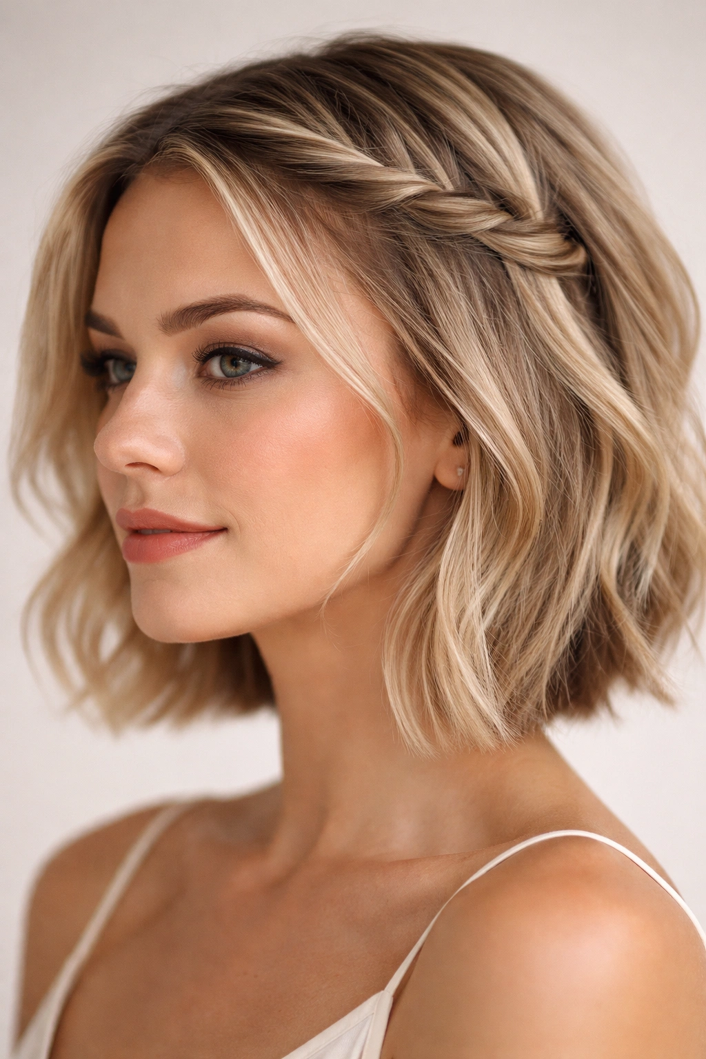 Close-up of a short-haired model showing a delicate front twist at the temple