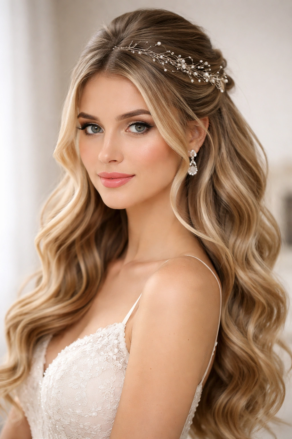 Half-up half-down hairstyle featuring delicate hair jewelry woven through the segment