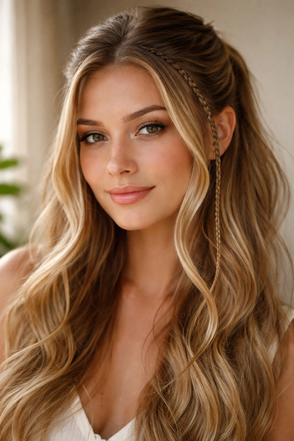Romantic half-up with tiny hairline braids framing the face