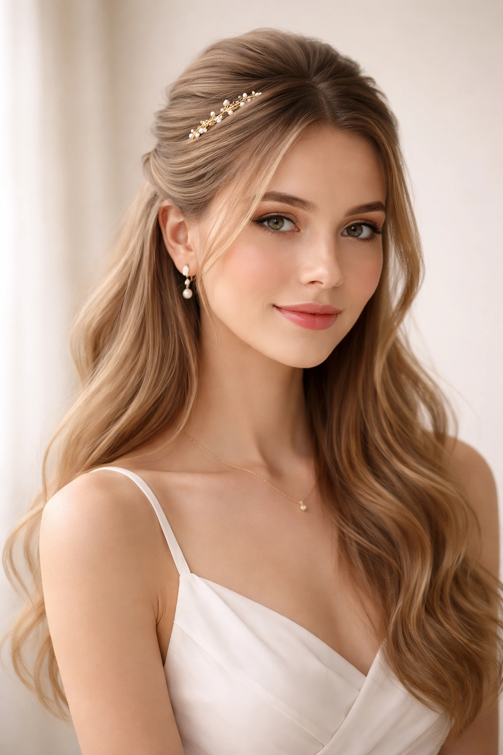 Minimalist half-up with a single delicate hairpin at the crown