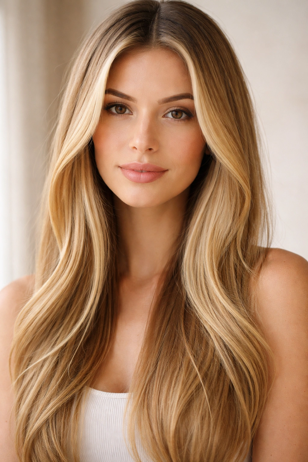 Straight hair with delicate honey blonde face-framing highlights