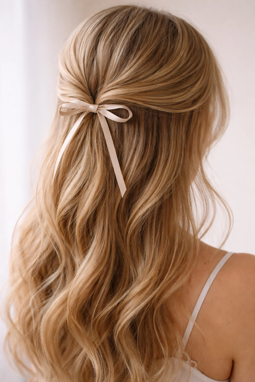 Half-up hairstyle secured with delicate ribbon on fine hair.
