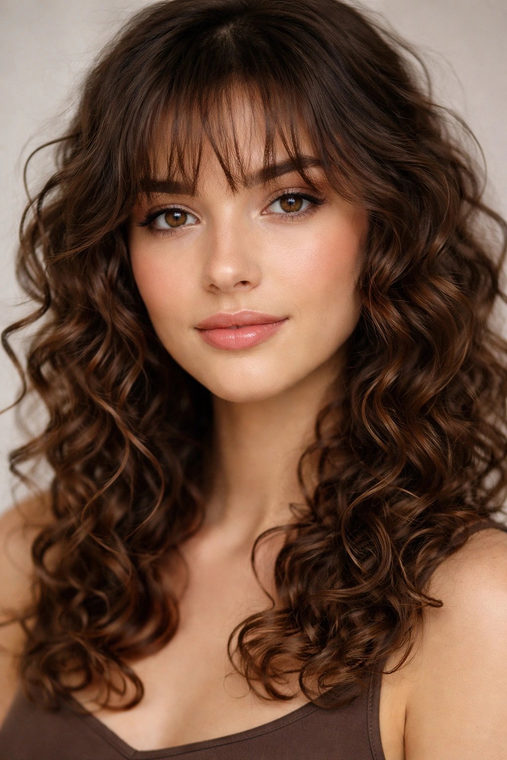 Close-up of delicate wispy bangs with defined curls on a face