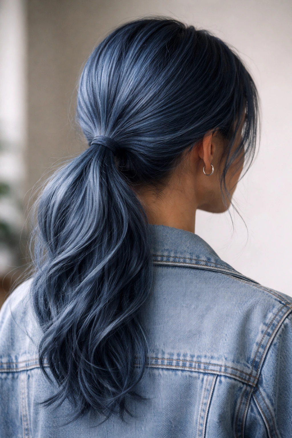 Close-up of a denim blue low ponytail showing a jean-like shade at the nape against a neutral backdrop