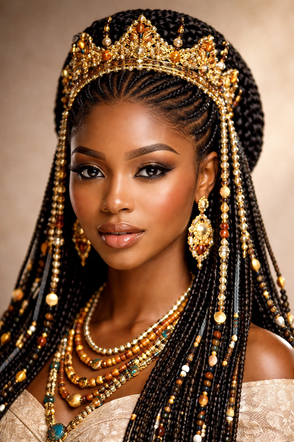 Close-up of a Diadoro hairstyle with a beaded crown atop braided hair