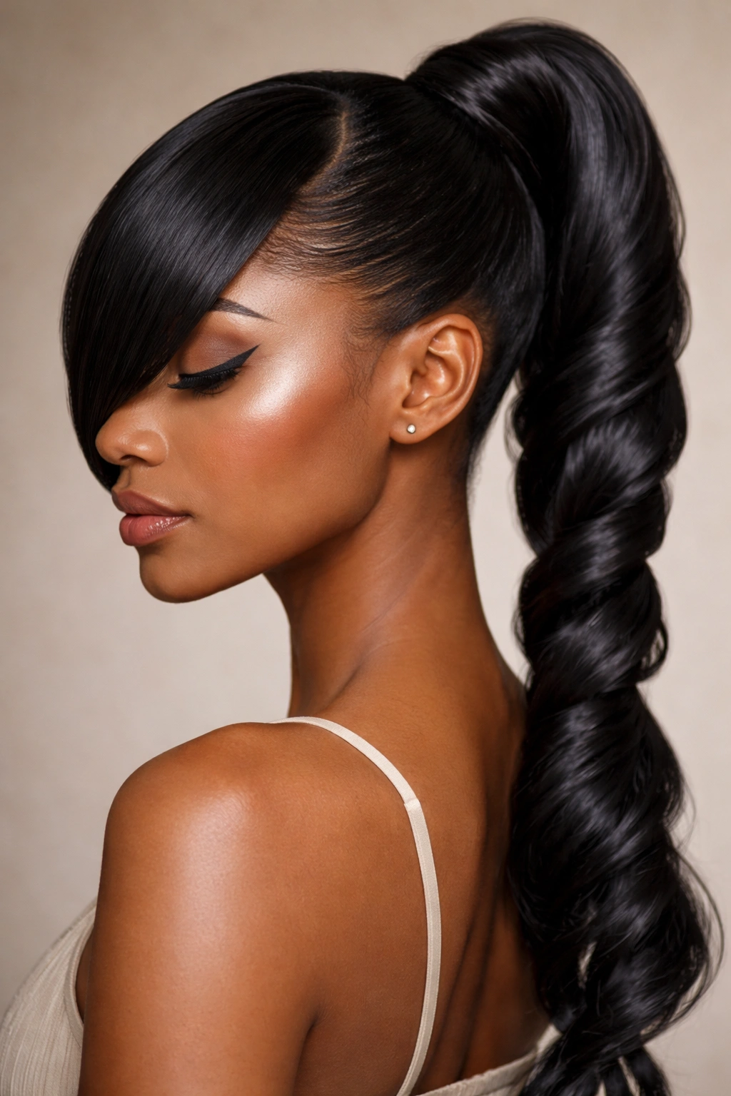 Close-up profile of diagonal bangs with twisted weave ponytail showing asymmetrical fringe and twisted ponytail.