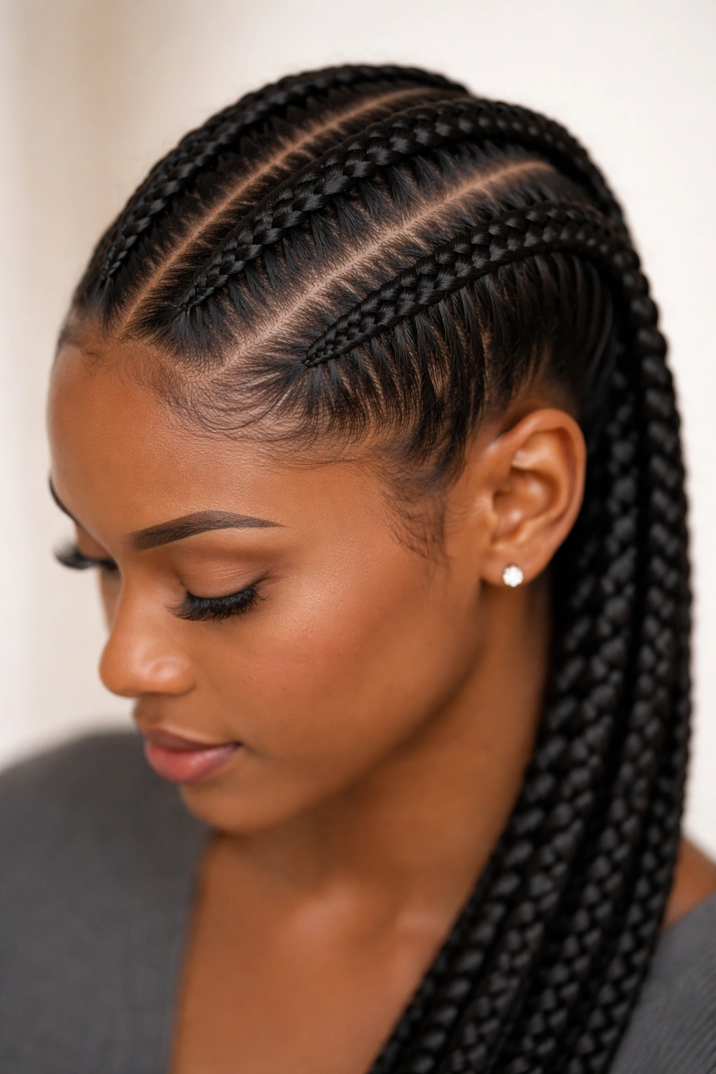 Close-up view of three diagonal cornrow braids on the scalp in a studio setting