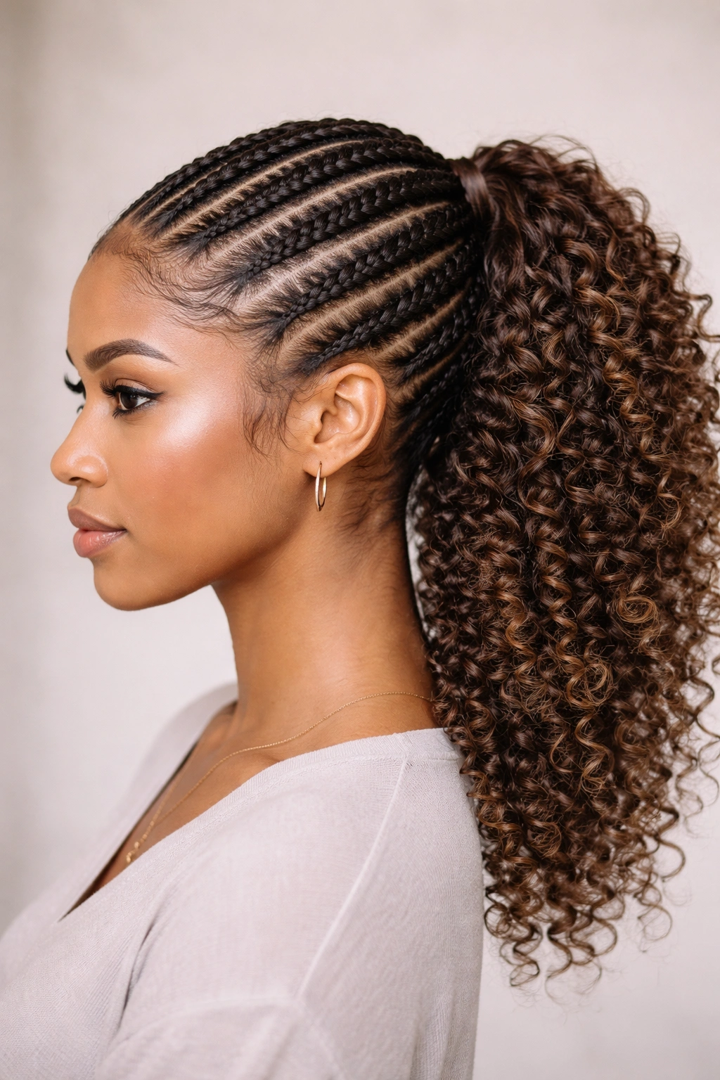 Close-up of diagonal feed-in braids forming a side ponytail on curly hair