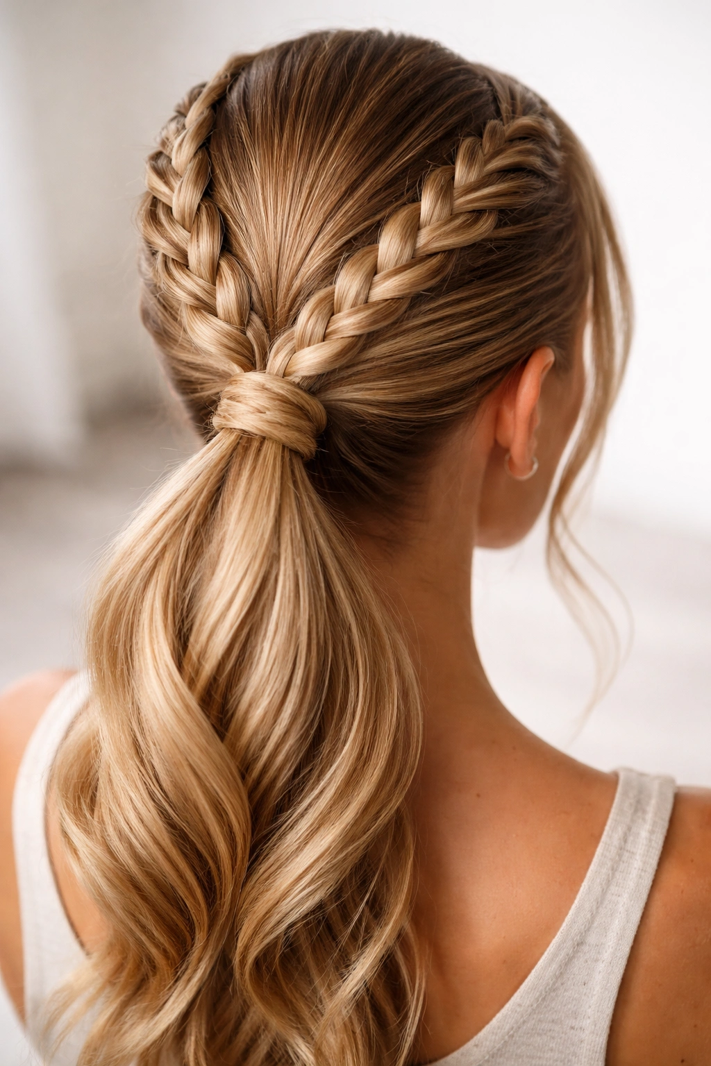 Diagonal double weave braids meeting at back with wrap-around braid