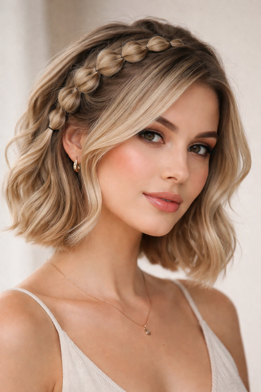 Diagonal bubble braid across crown on short hair with loose hair on ends