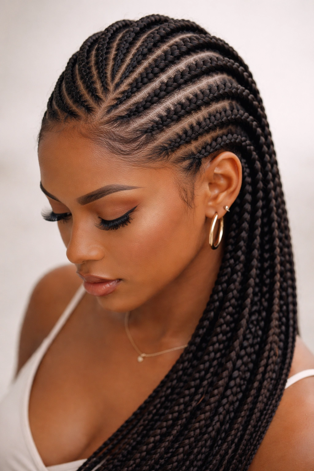 Diagonal cornrows across the scalp creating dynamic texture