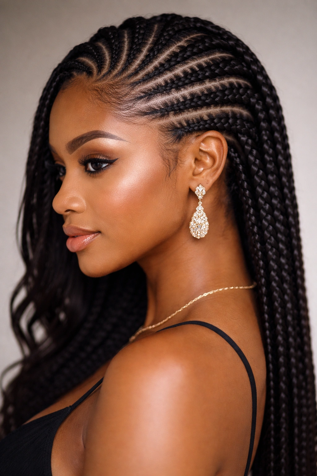 Diagonal cornrows creating a modern geometric pattern across the scalp
