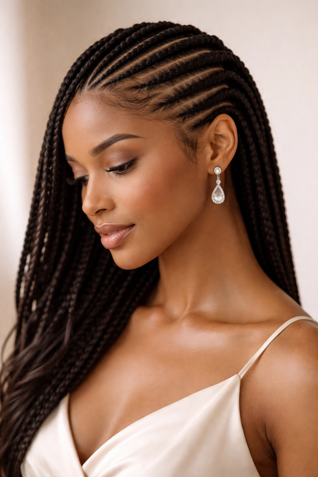 Diagonal cornrows flowing diagonally across the scalp