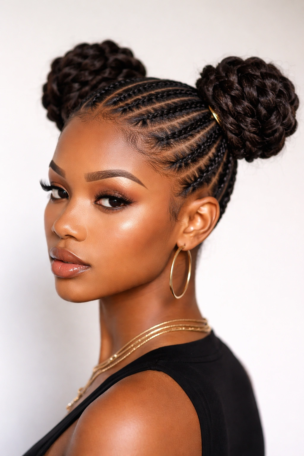 Diagonal cornrows flowing to side buns for a sleek, editorial look