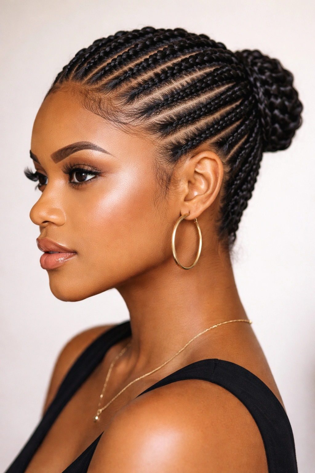 Side-profile portrait of diagonal cornrows sweeping upward on a neutral backdrop