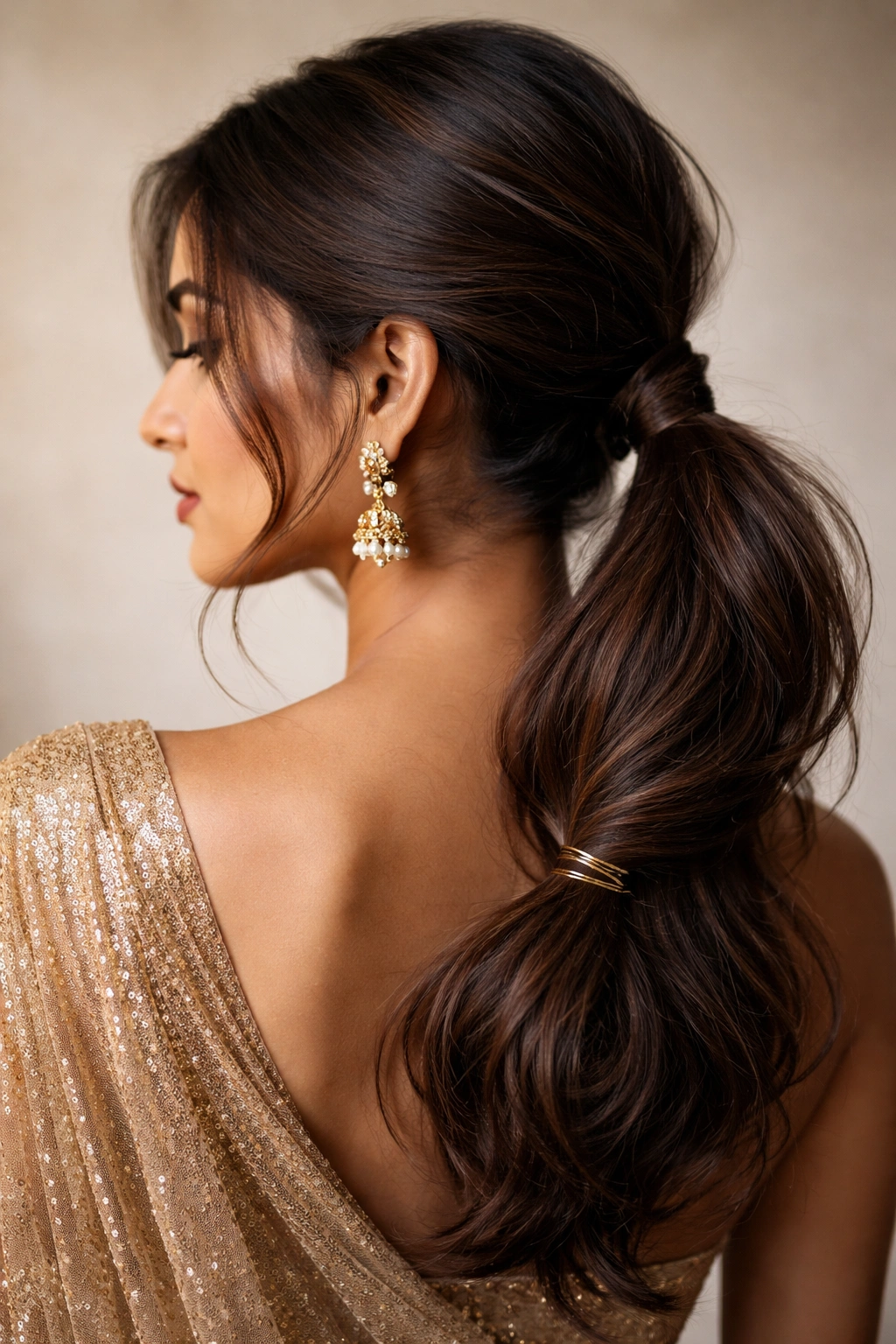 Diagonal off-center ponytail with a wrapped base accent.