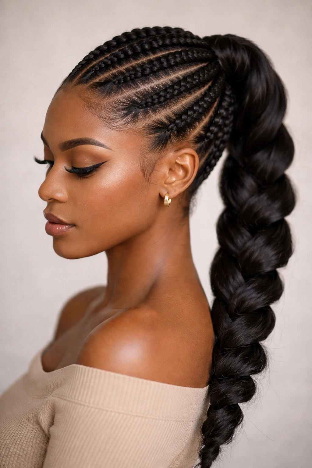 Diagonally stacked Ghana cornrows converging into a thick twisted ponytail
