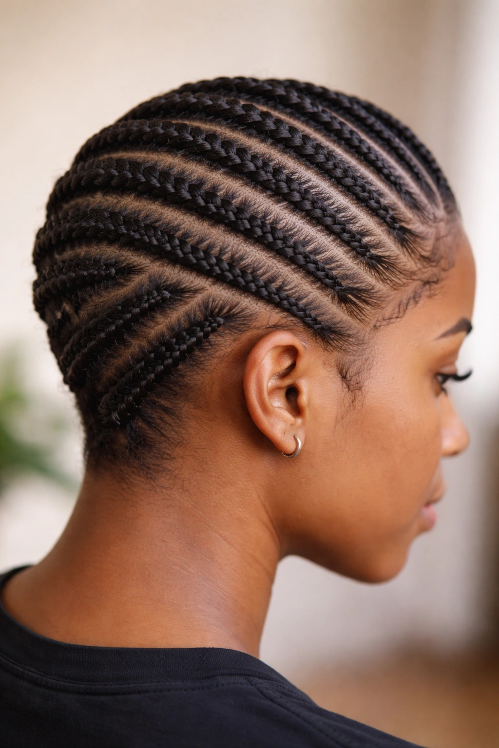 Close-up of diagonal stitch cornrows traveling across the scalp