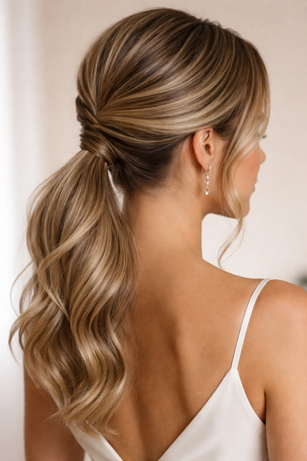 Diagonal twist low ponytail with off-center ponytail