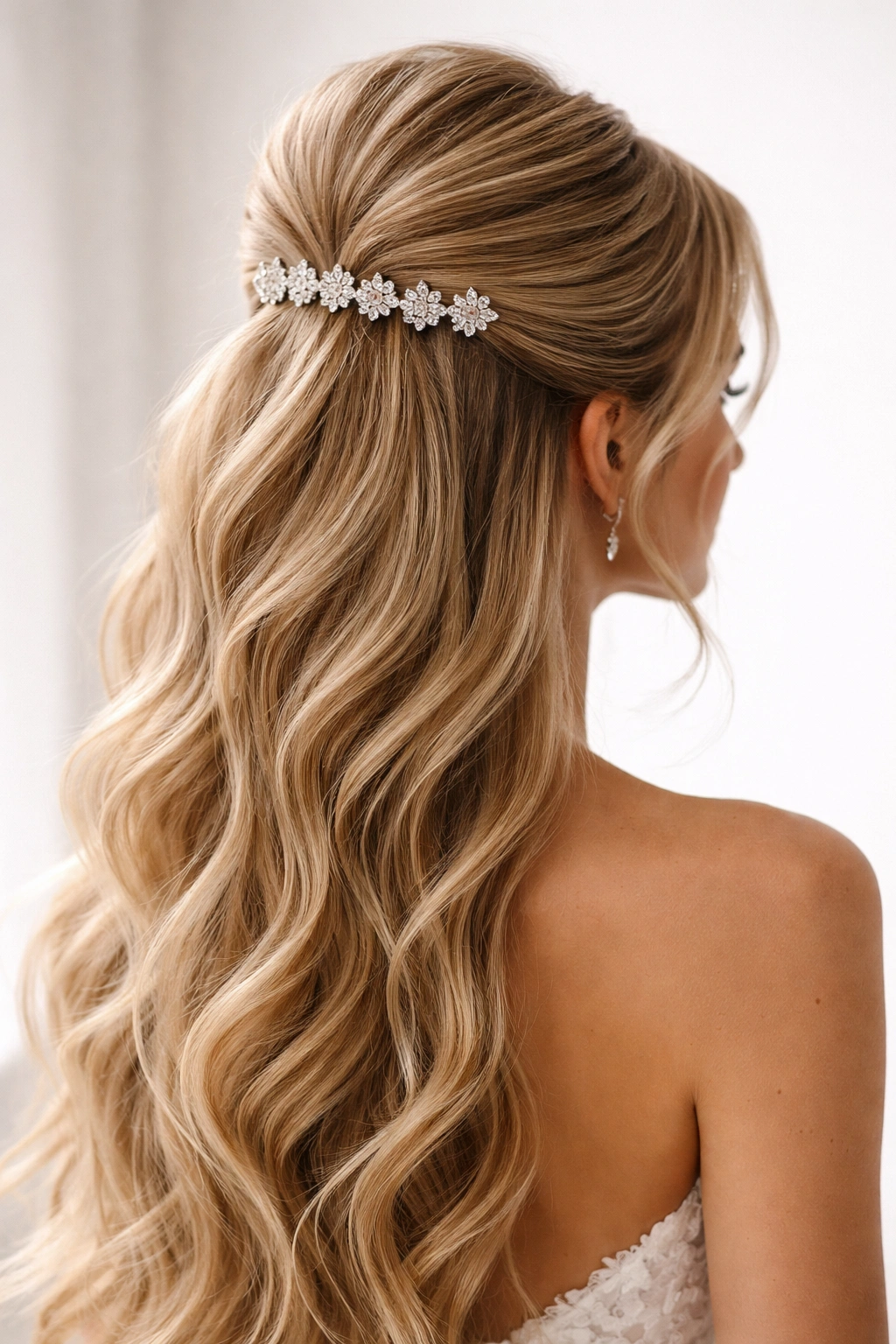 High crown half-up hairstyle with multiple diamond clips along the crown