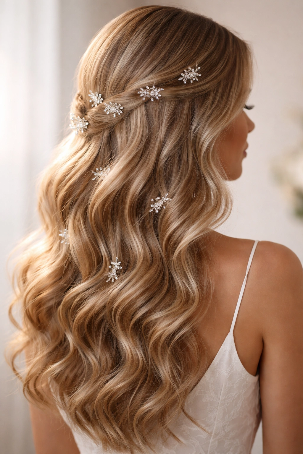 Soft waves accented by small crystal clips along the hair