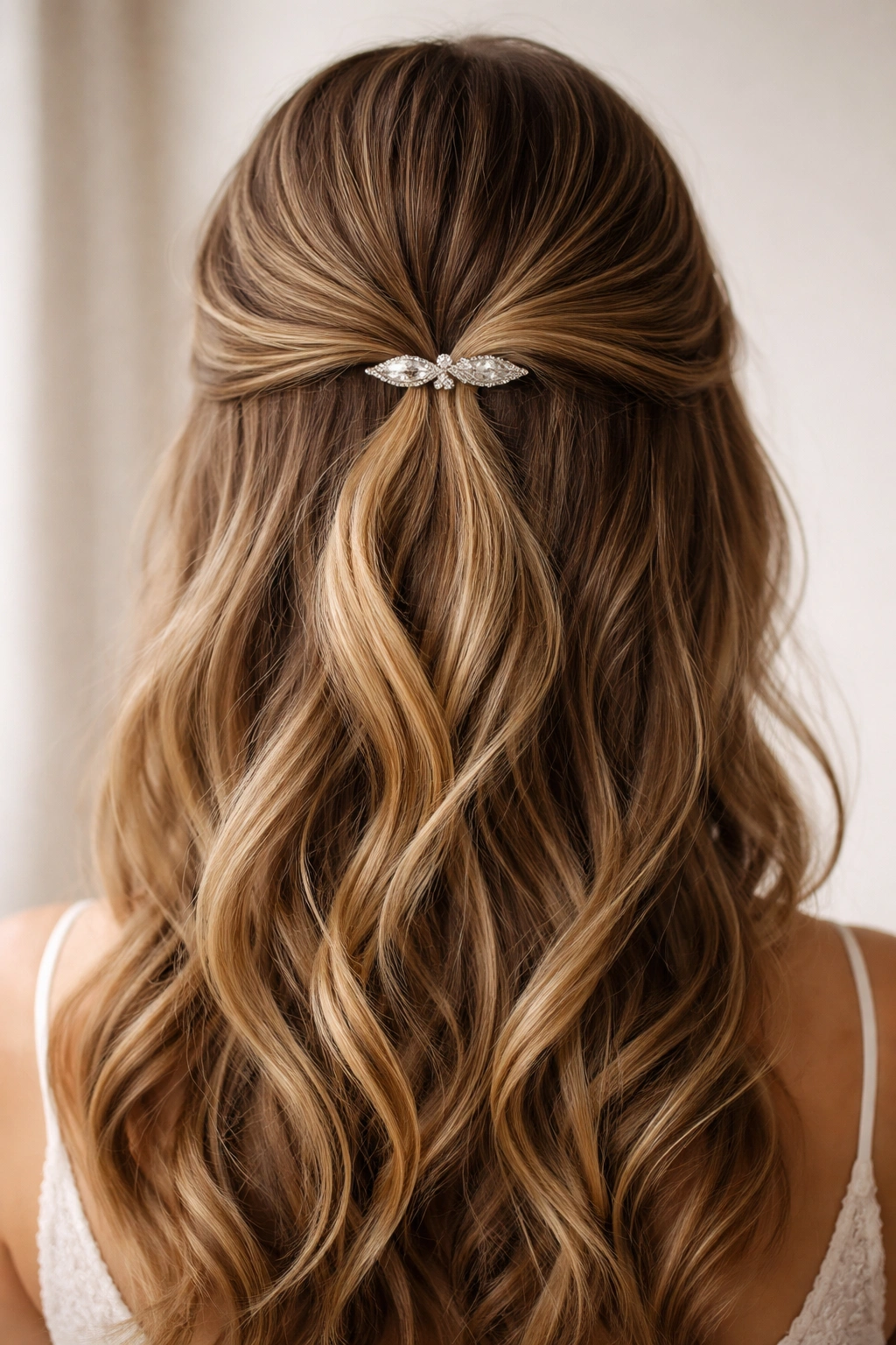 Minimalist half-up hairstyle featuring a single diamond hairpin accent