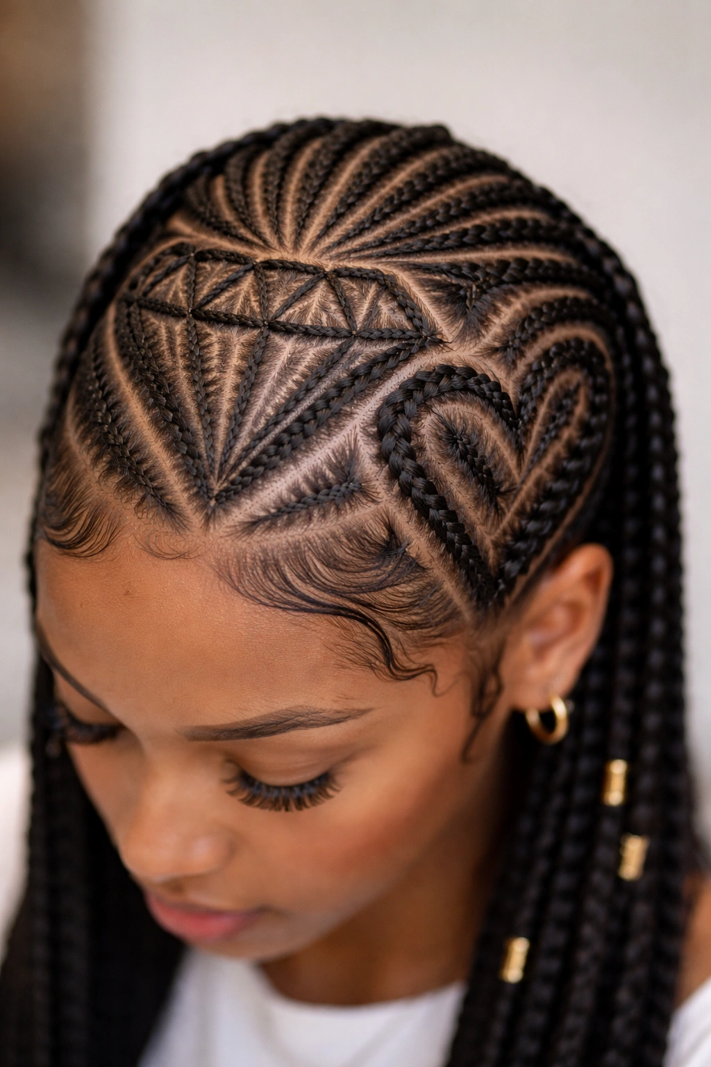 Close-up of overlapping diamond and heart shapes braided into cornrows