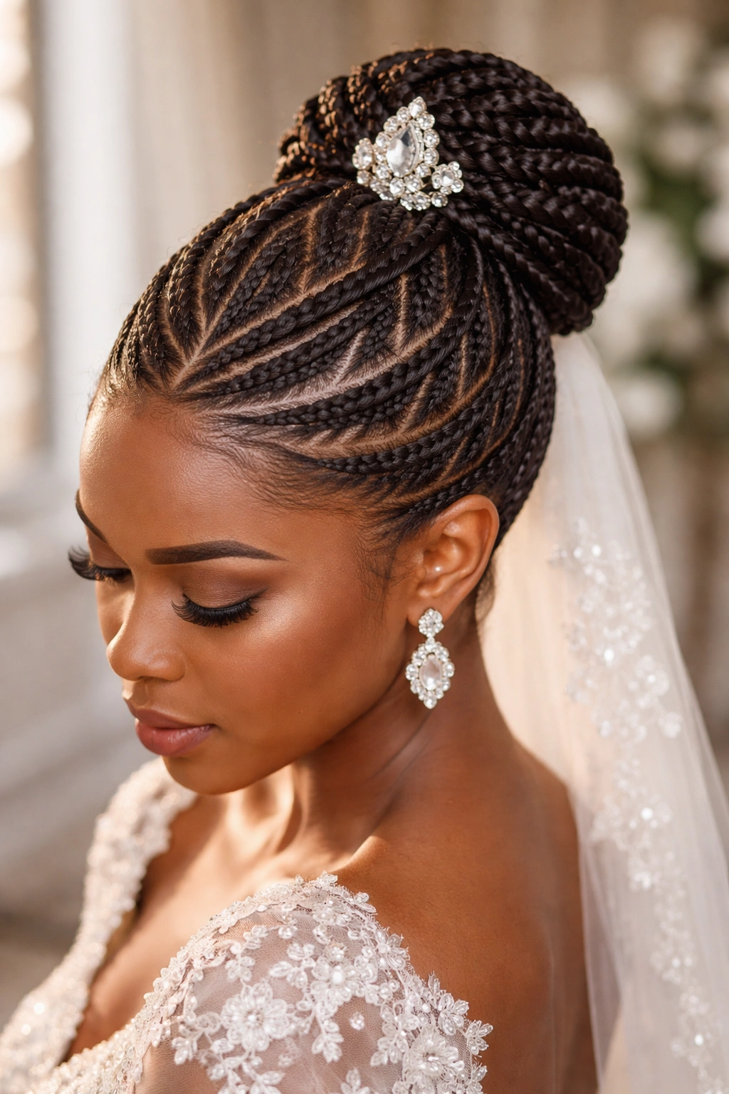 Ornate diamond-patterned cornrows converging into a central gemstone bun