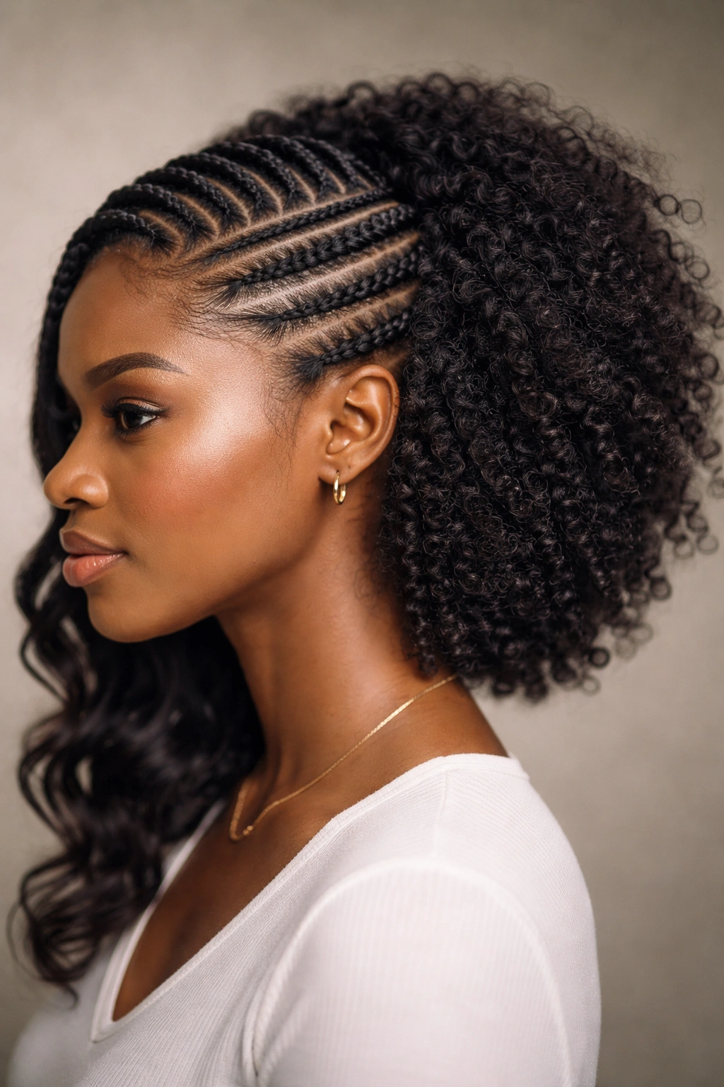 Side profile with one side woven and the other showing natural curls