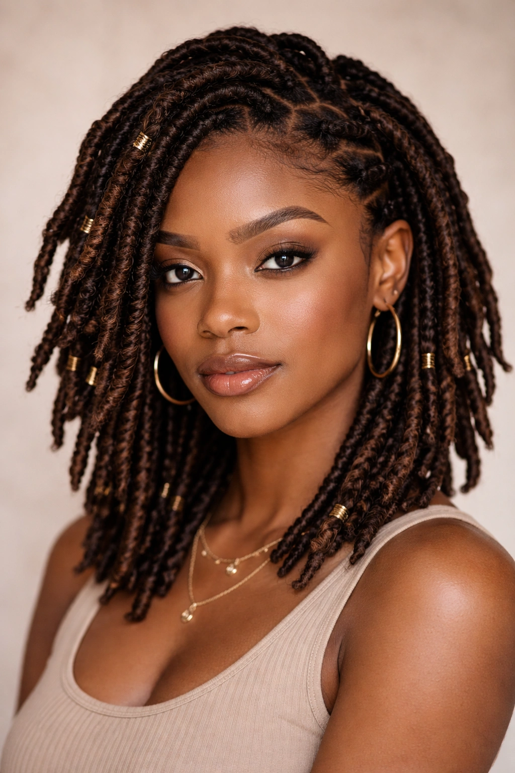 Close-up of short natural hair styled in faux locs created with didi weaving extensions