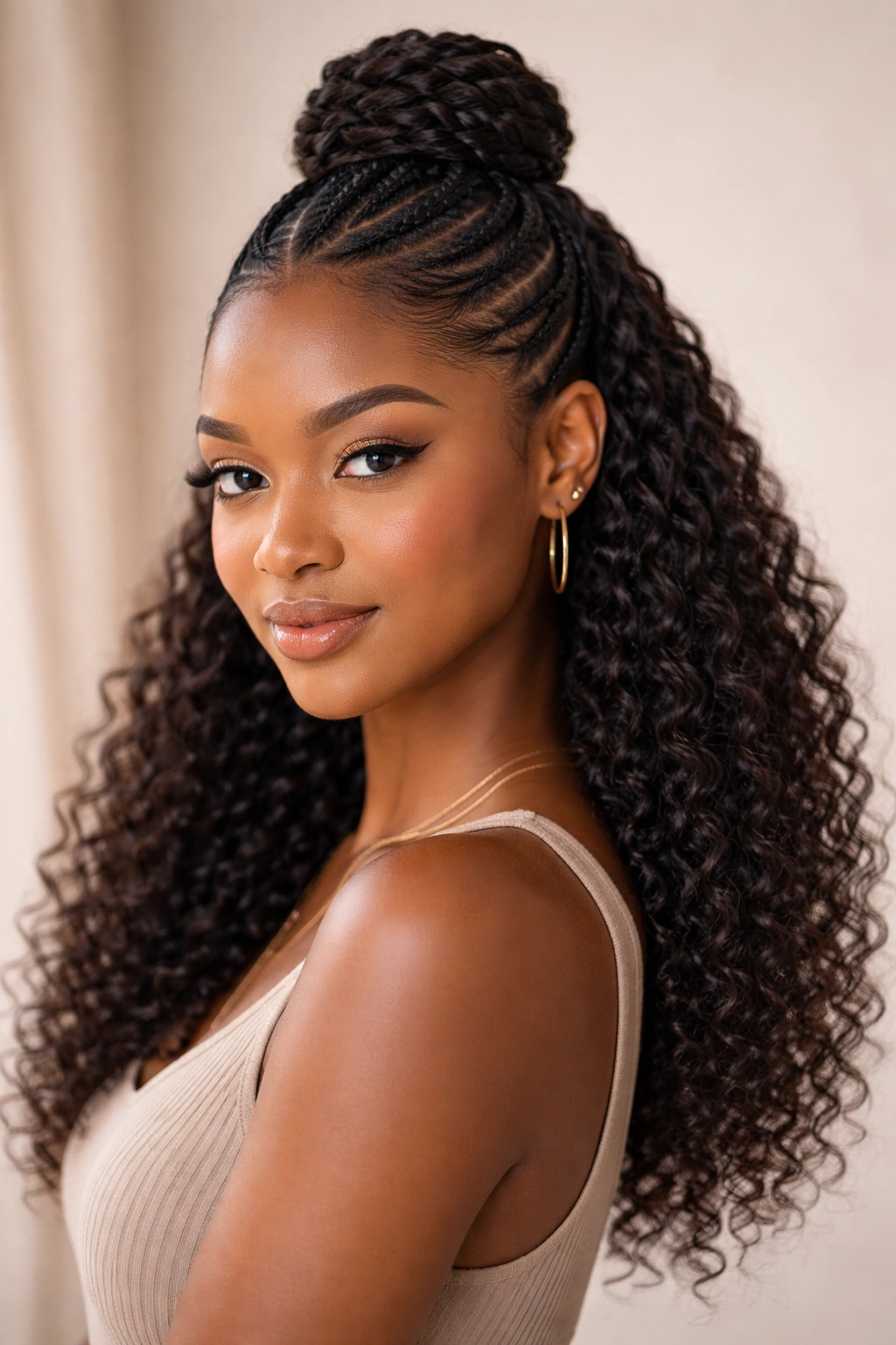 Close-up of a short natural hairstyle showing a half-up didi weave with flowing bottom curls