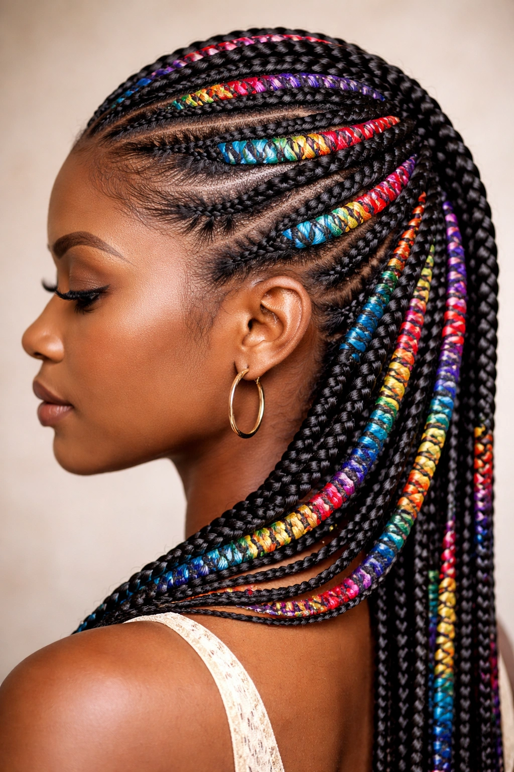 Didi braids with colorful woven color patterns and stripes.