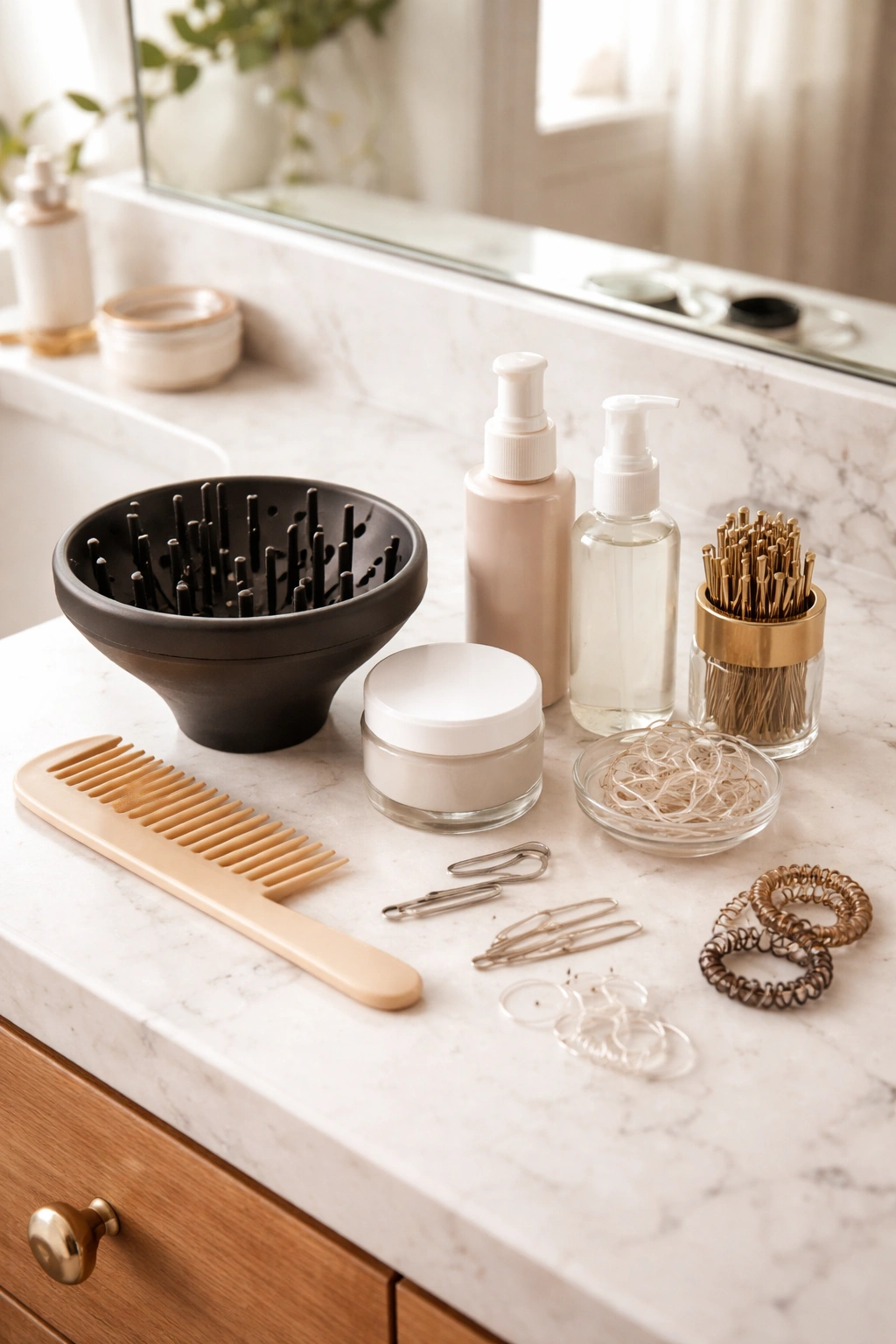 Vanity with diffuser, wide-tooth comb, bobby pins and elastics for curly half-up styling