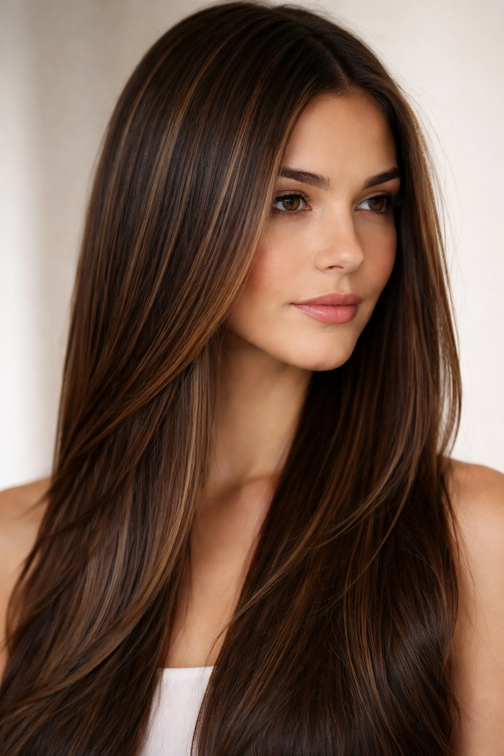 Straight brunette hair with subtle dimensional highlights in chocolate and honey tones.