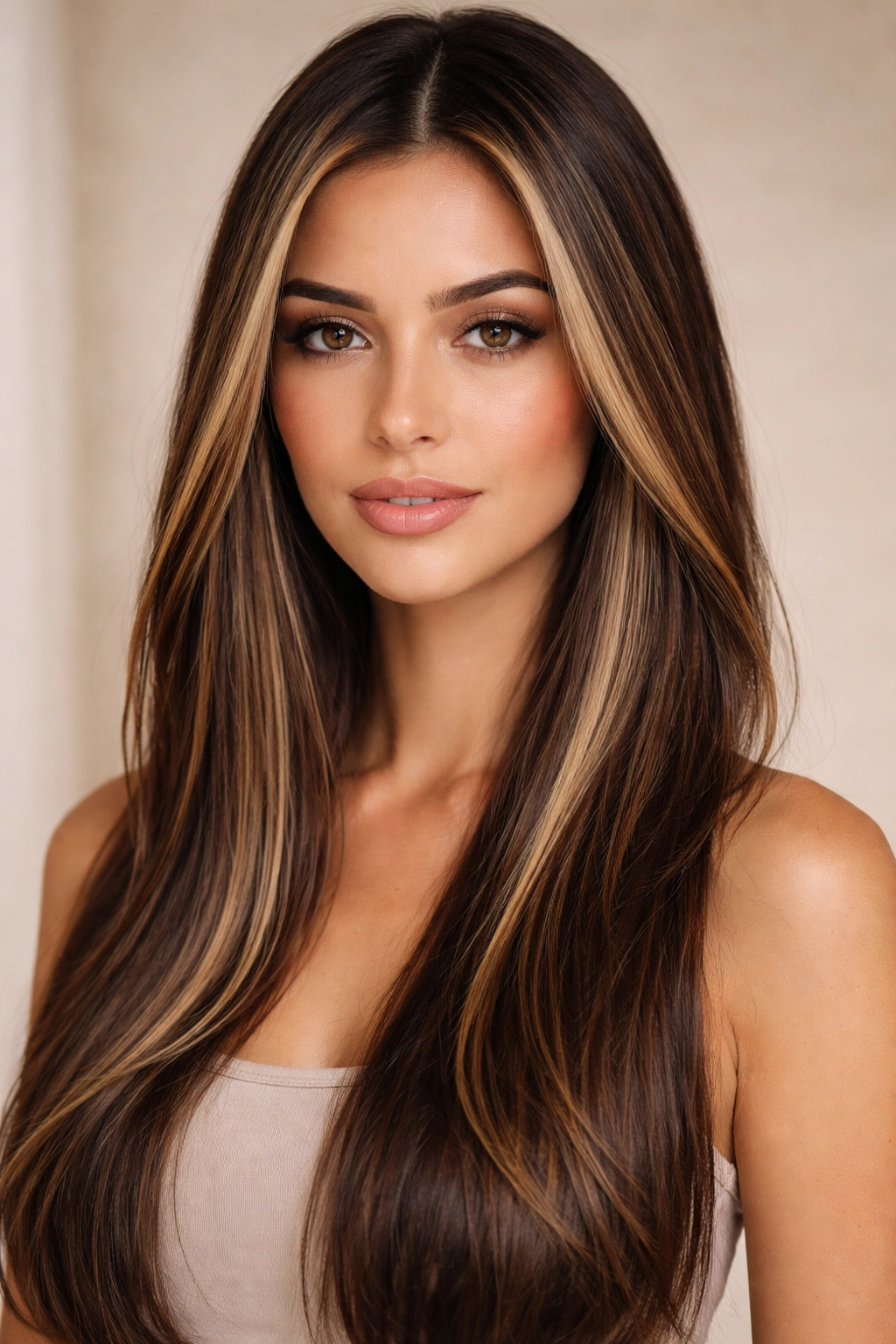 Dimensional brunette money pieces with multiple brown tones on straight hair