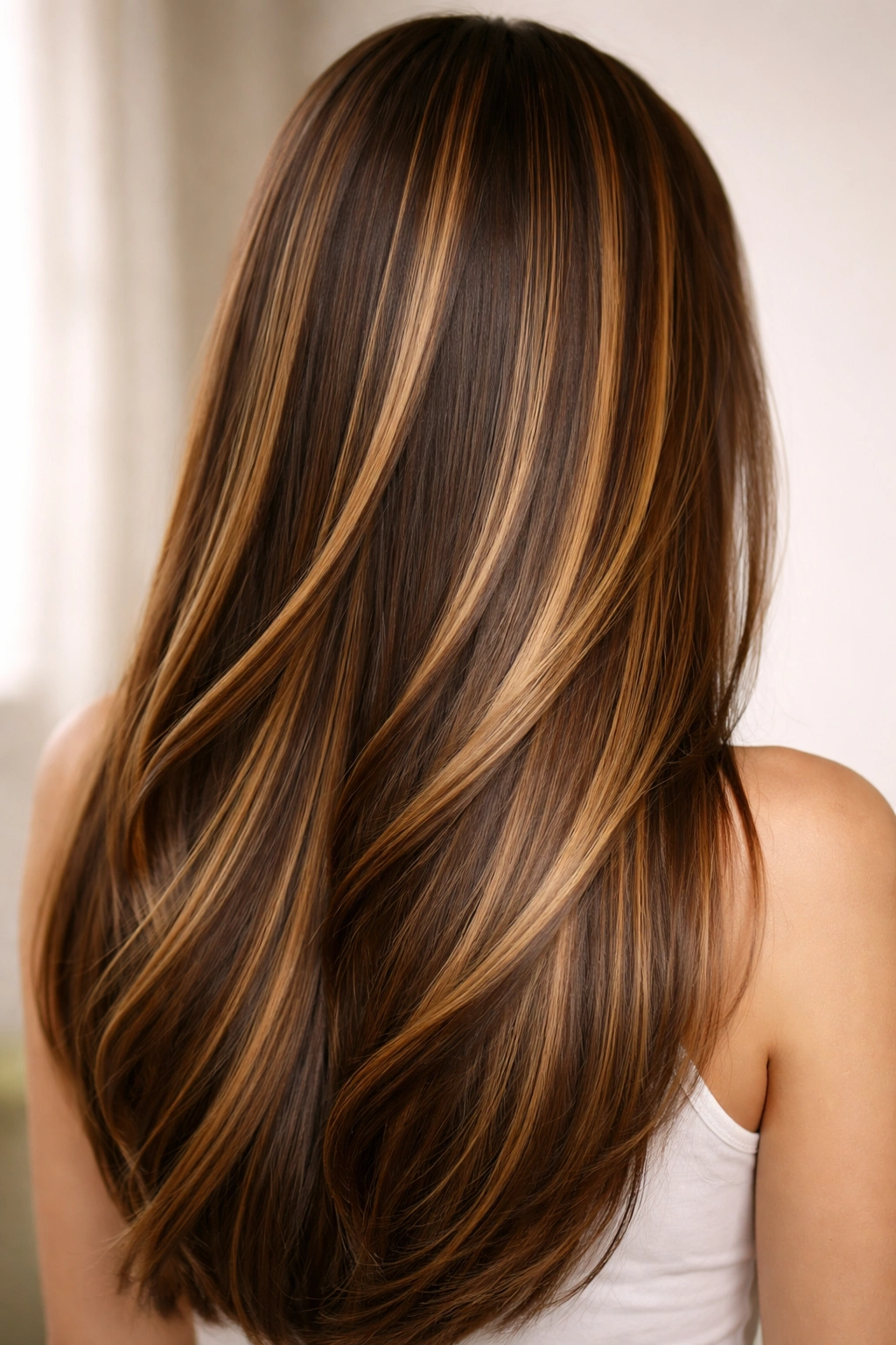 Straight hair with thick caramel ribbons running through mid-lengths and ends