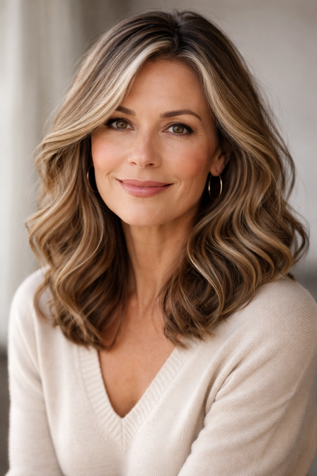 Close-up of a mature woman with dimensional balayage and soft, flowing waves