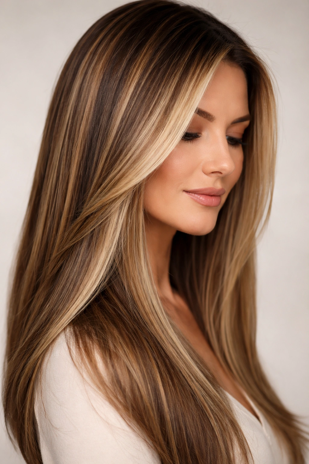 Close-up of straight hair with dimensional color showing dark roots and lighter pieces