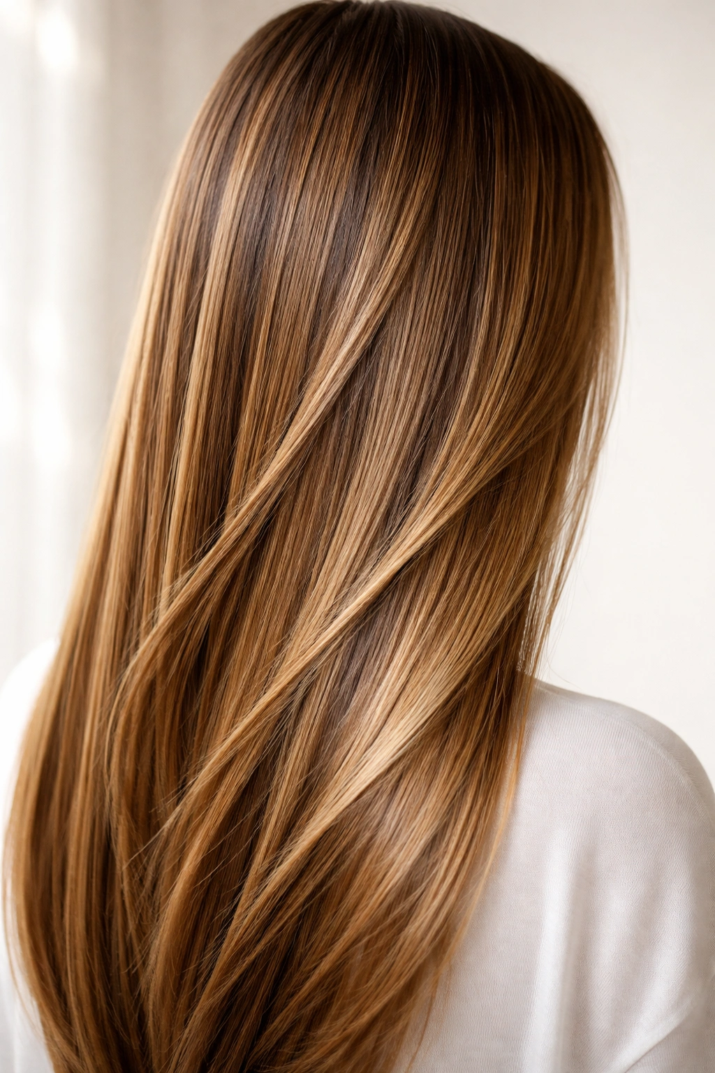Close-up of straight hair showing dimensional honey balayage with golden and warm brown highlights