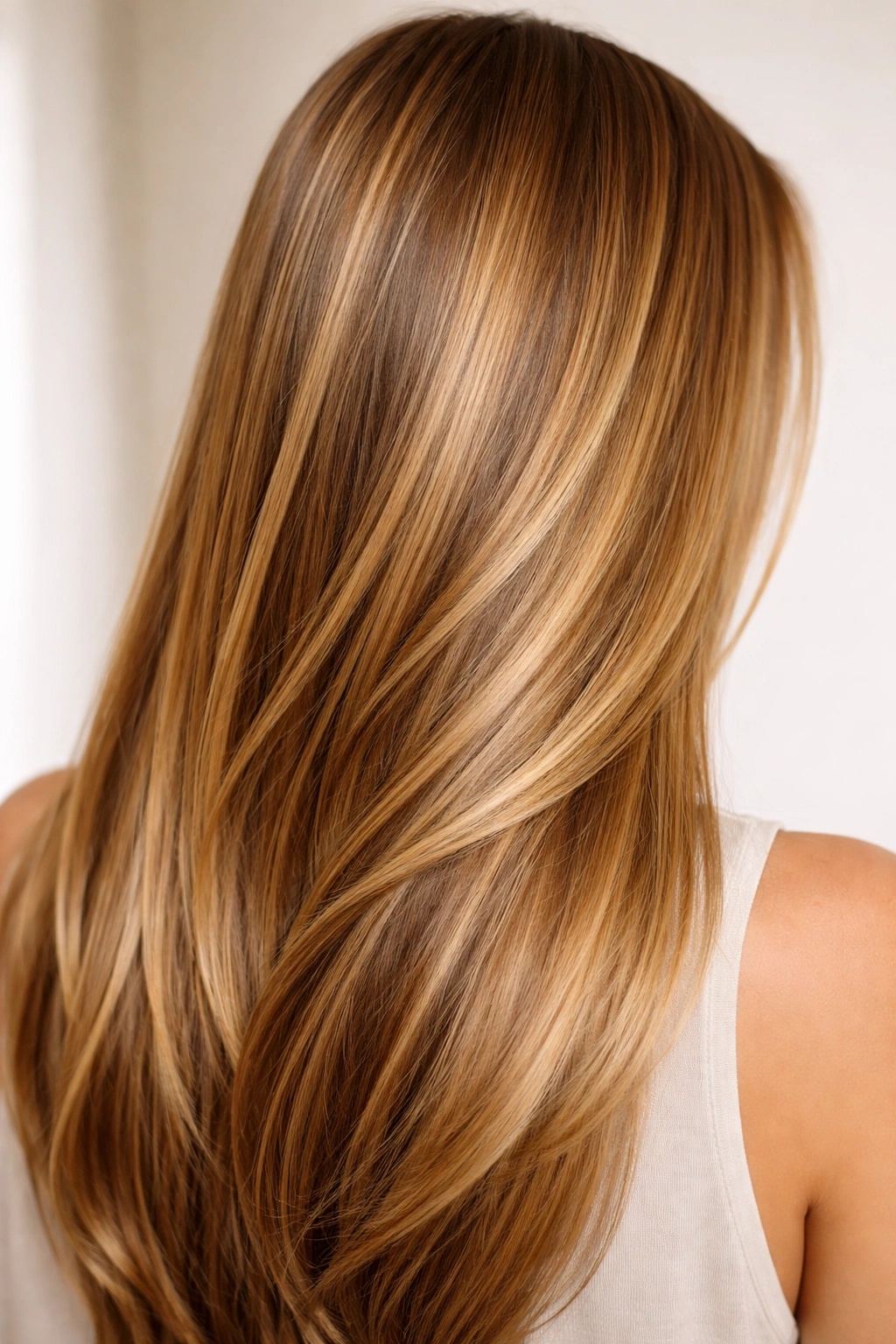 Straight hair with dimensional honey blonde showing light highlights and dark lowlights