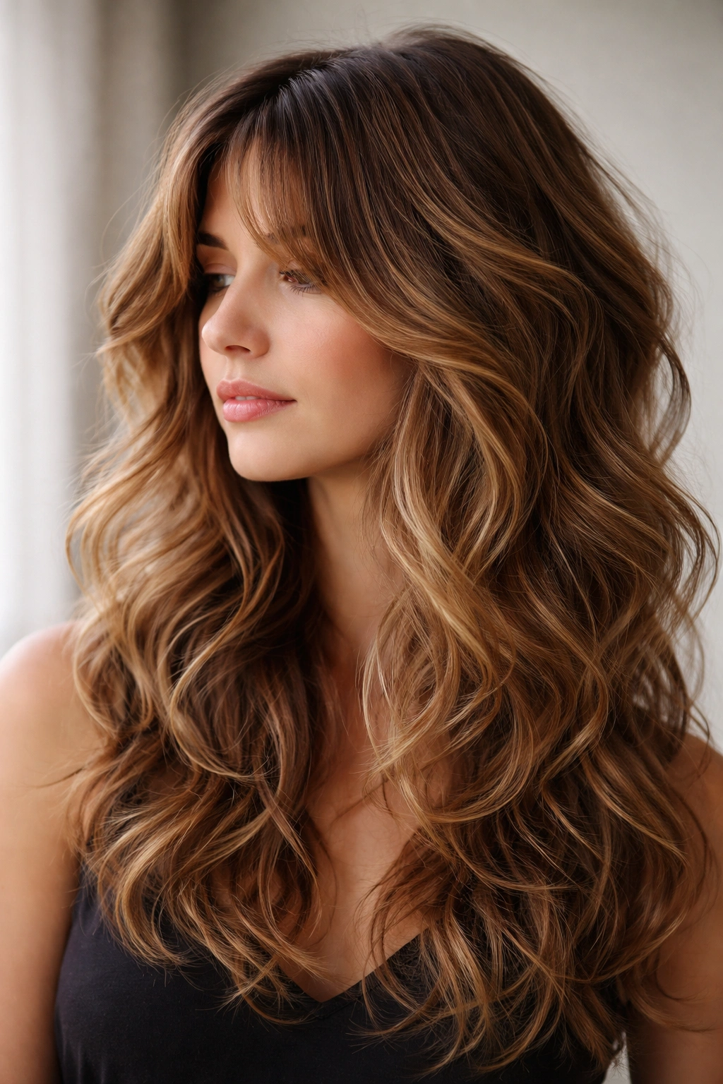 Curtain bangs integrated into dimensional layered hair with varied lengths catching light