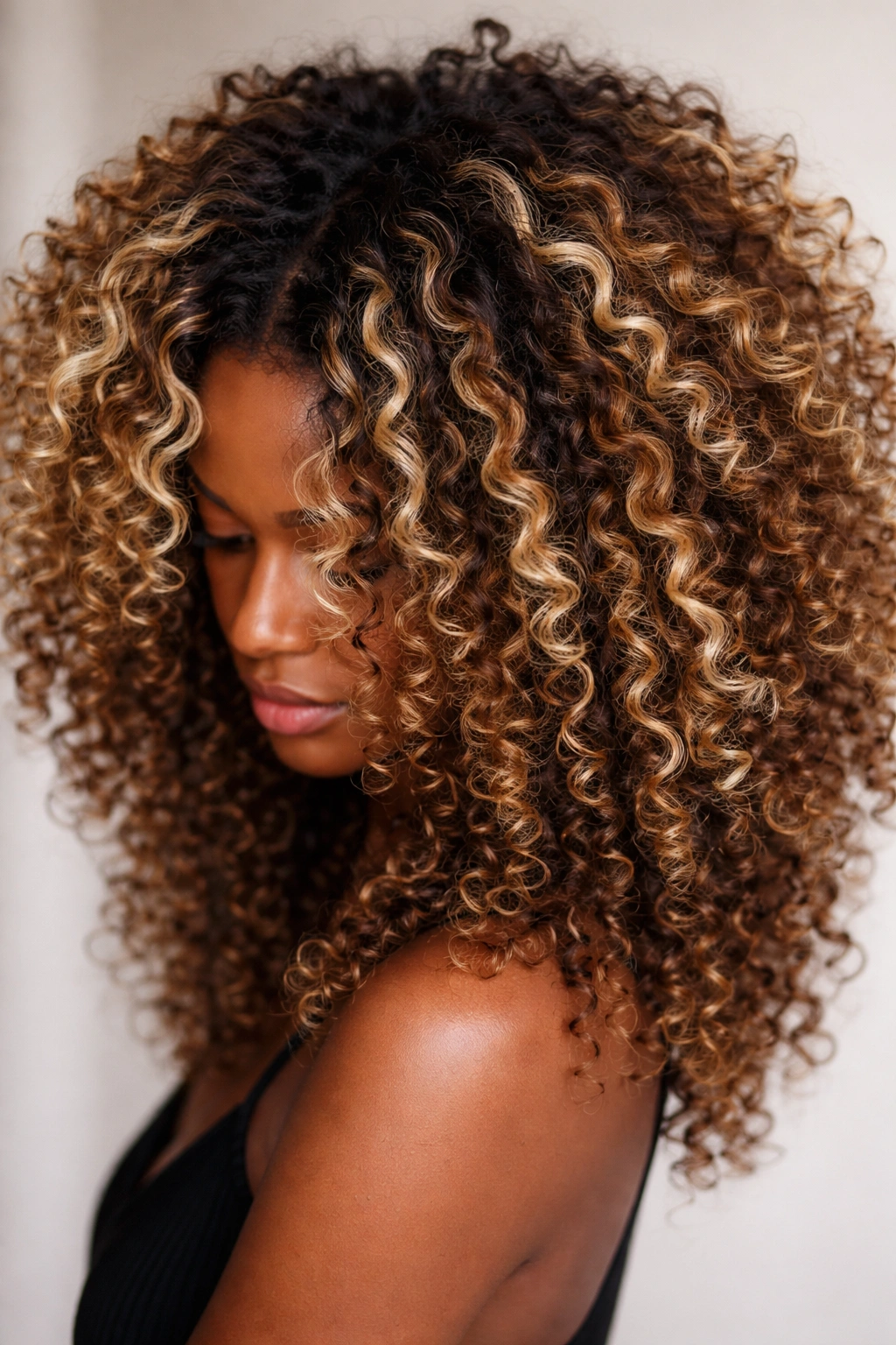 Close-up of coily hair with dark roots and scattered lighter ribbons throughout curls