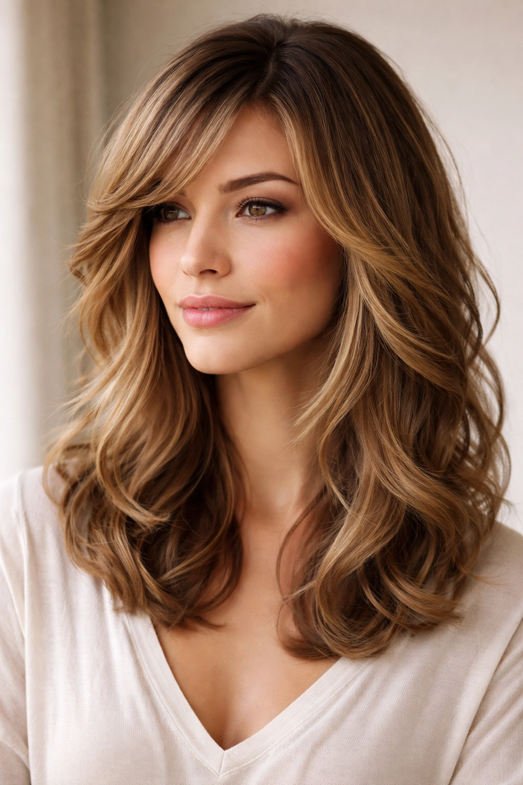 Dimensional waves with feathered side bangs on shoulder-length hair.