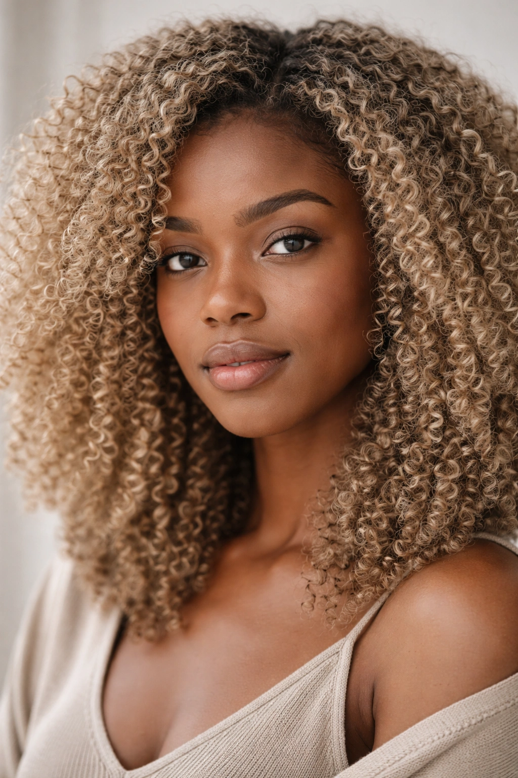 Close-up of coily hair in cool-toned dirty blonde