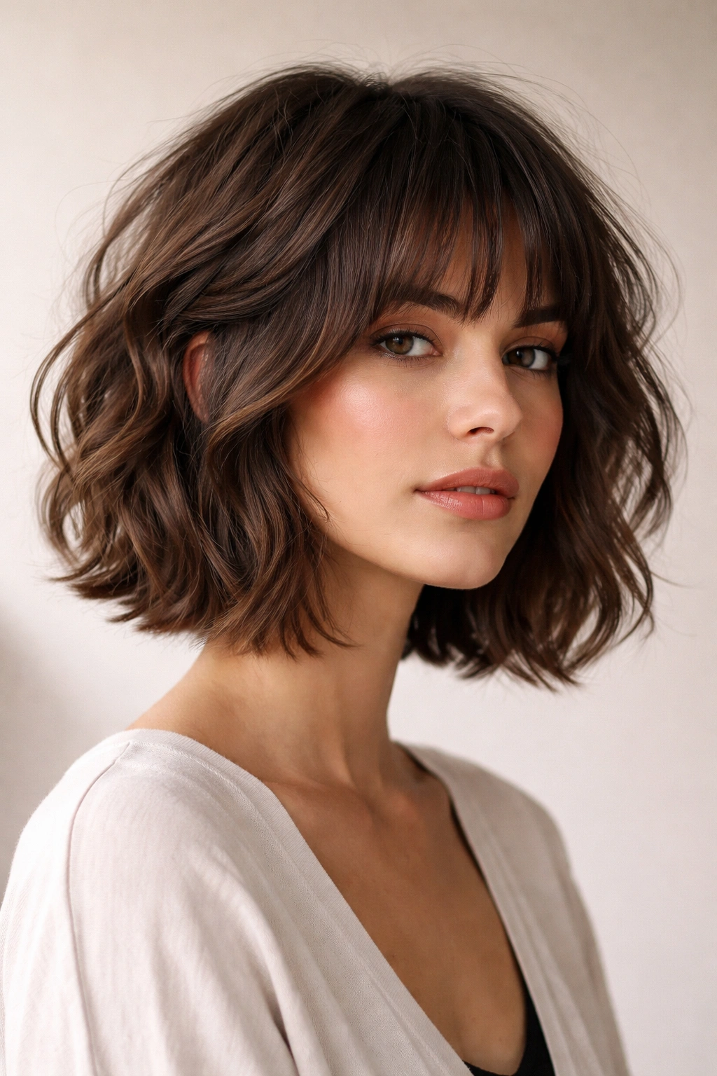 Close-up of a model with a disconnected wavy French bob showing distinct top and bottom layers