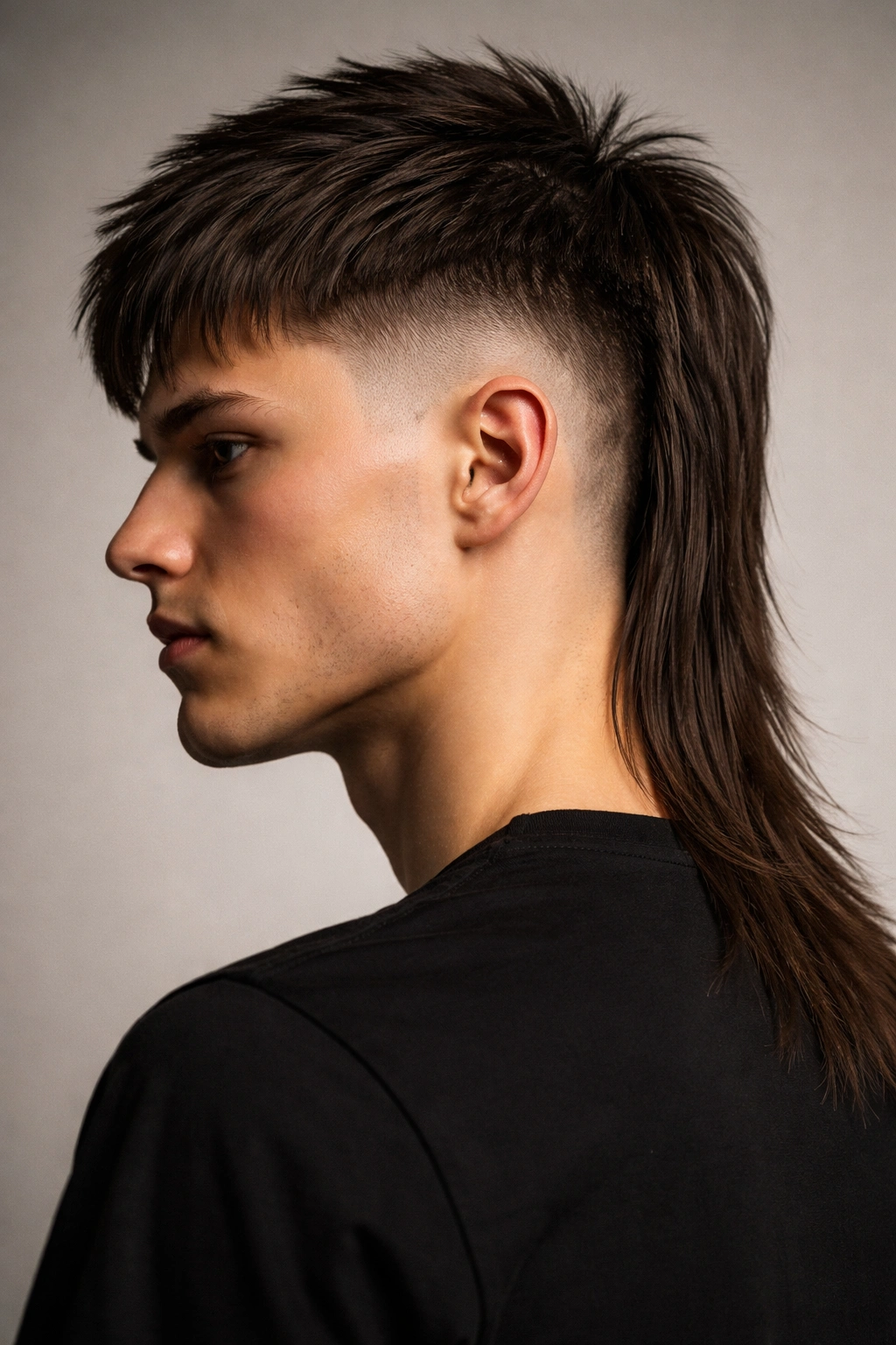 Disconnected undercut mullet with a clearly separated long back on straight hair
