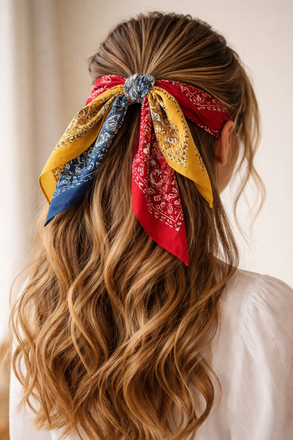 Half-up ponytail with two layered bandanas for depth and color.