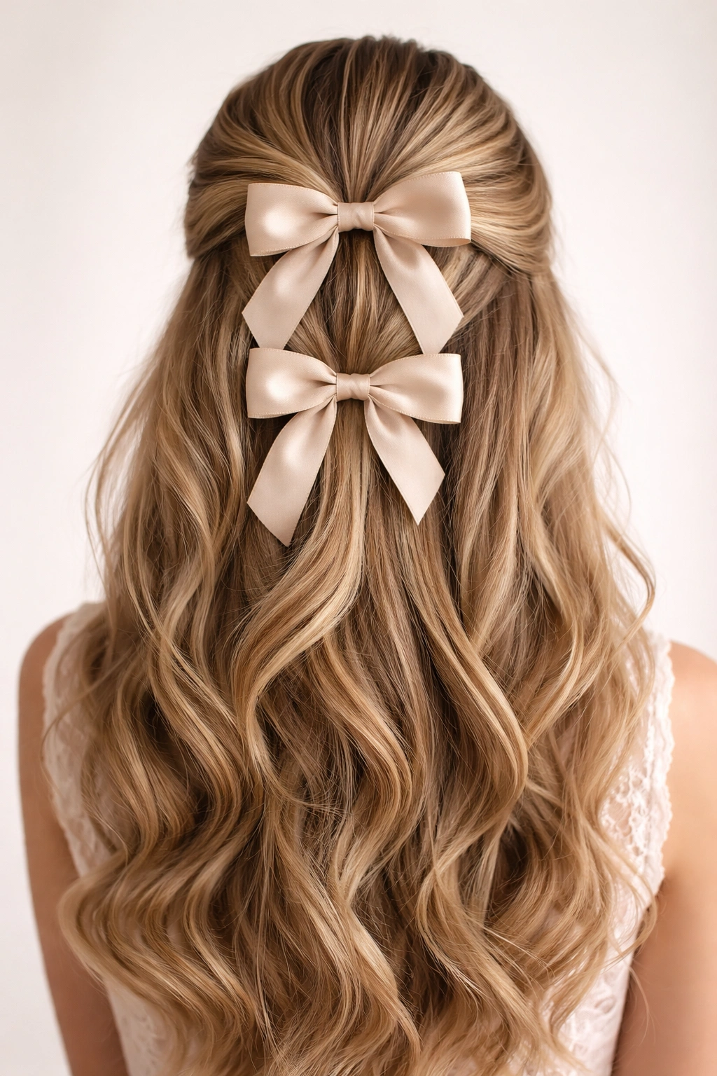 Front view of double bow half-up crown hairstyle with two matching bows