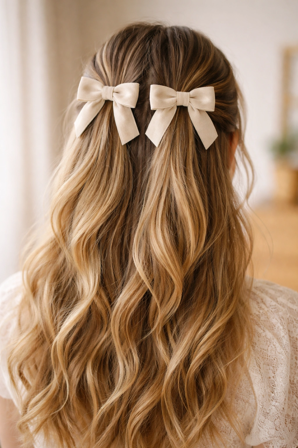 Double bows on both sides of crown in half-up hairstyle